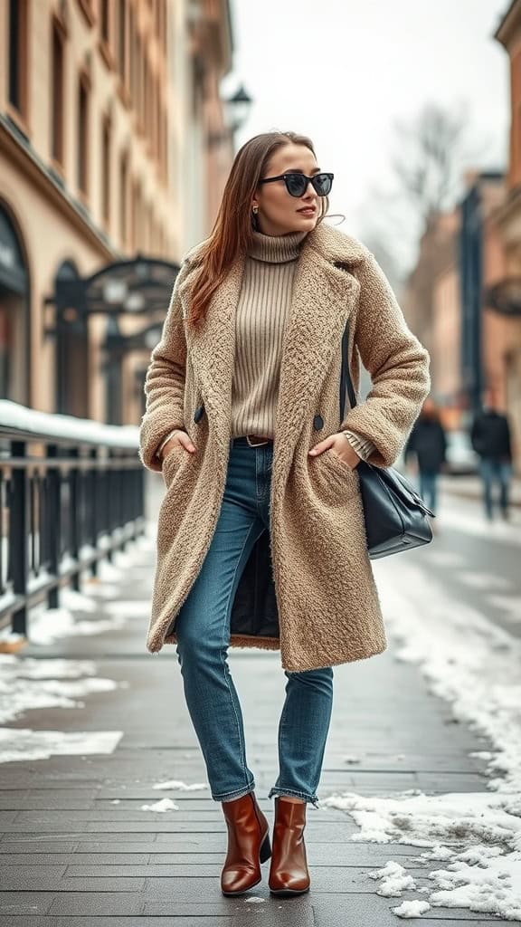 A woman wearing a teddy coat and straight-leg jeans, walking on a snowy street