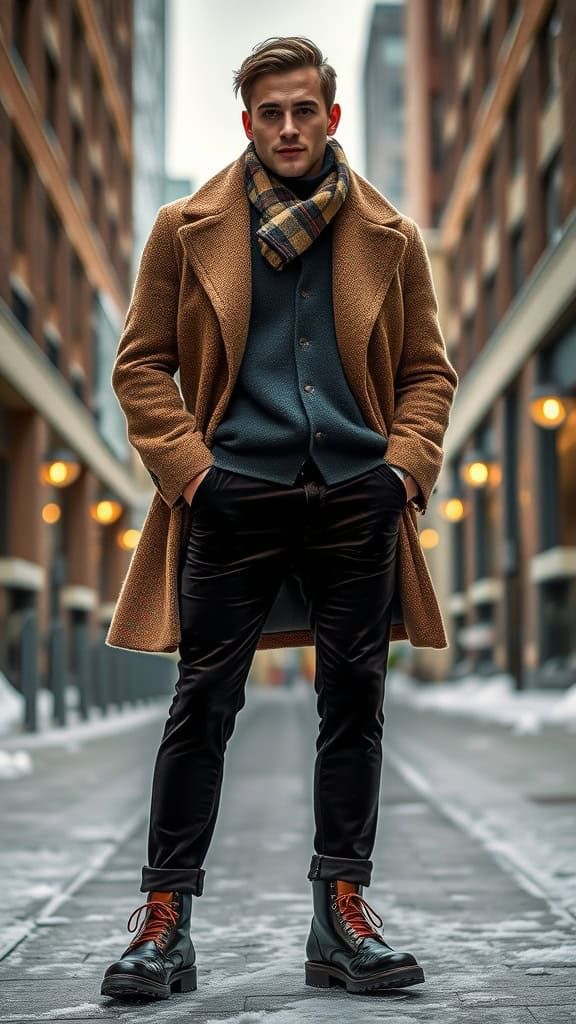 A man wearing a wool coat, tweed scarf, velvet pants, and patent leather shoes, standing in a winter urban setting.