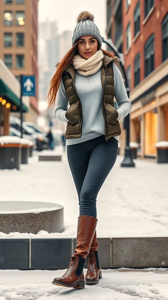 A woman in a thermal top under a puffer vest, walking in a snowy urban setting.