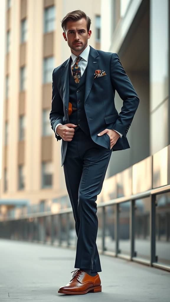 A man in a navy three-piece suit with a pocket square and brogues, showcasing a formal yet stylish look.