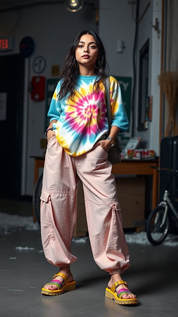 A person wearing a bright tie-dye shirt, baggy pants, and jelly sandals, showcasing a Y2K outfit.