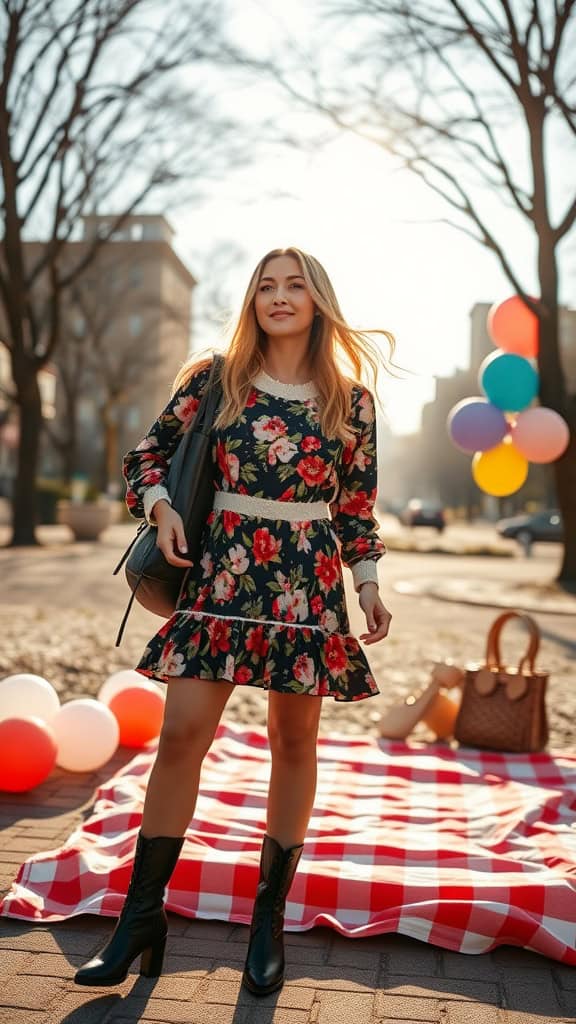 A woman wearing a floral tiered babydoll mini dress, standing in a sunlit park with balloons and a picnic blanket.