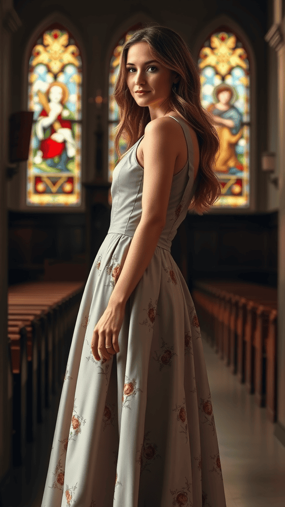 A-line dress displayed in a church setting with intricate patterns.