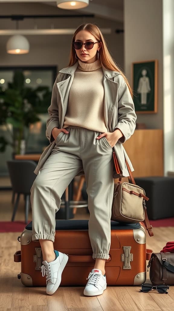 A woman in a stylish travel outfit with a tan trench coat, light gray turtleneck, and joggers, sitting on a suitcase.