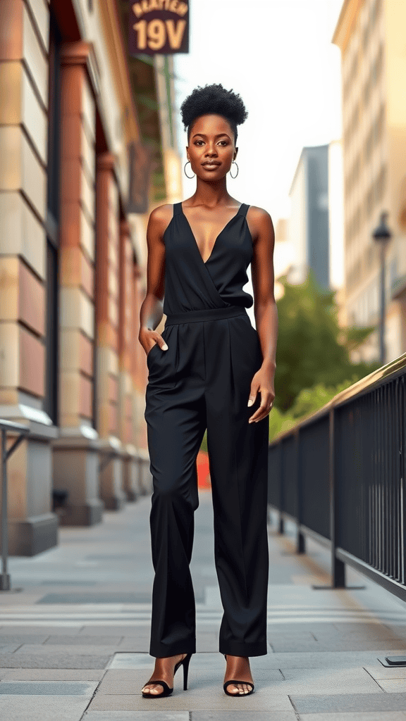 A stylish black jumpsuit on a mannequin, featuring a fitted design and tied waist, showcased in a modern clothing store.