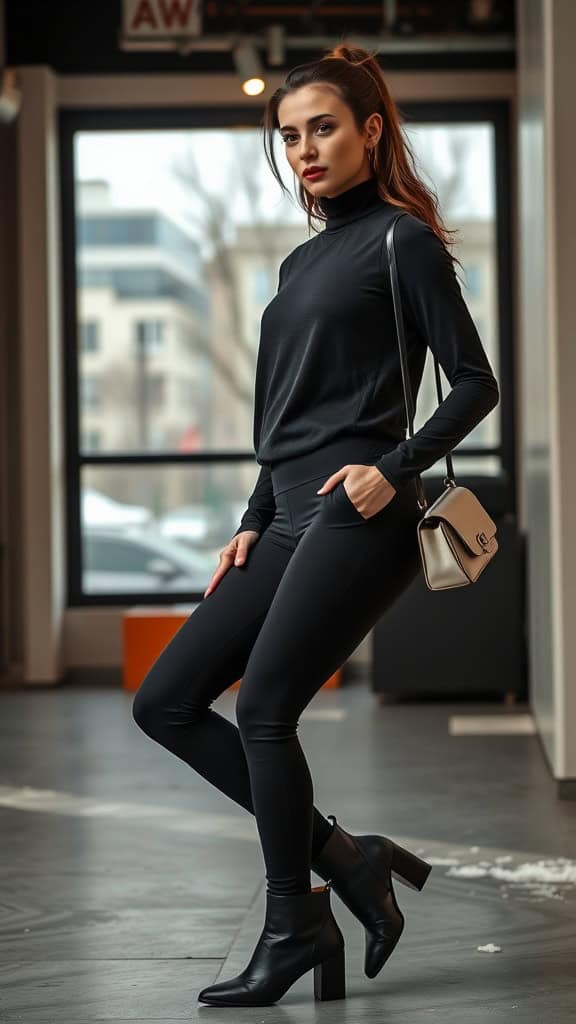 A woman in a chic black outfit consisting of a turtleneck and leggings, paired with heeled ankle boots and a small handbag.