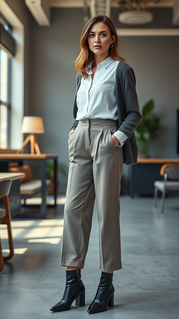 A woman in a stylish outfit featuring high-waist culottes, a blouse, and ankle boots, posing in a modern office setting.