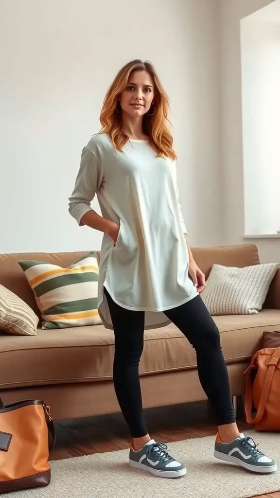 A woman wearing a light tunic top and black leggings, standing in a cozy living room