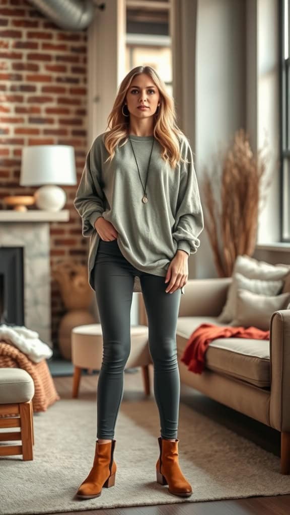 A woman wearing a flowy gray tunic top and black leggings, paired with brown ankle boots, standing in a cozy living room with a modern decor.