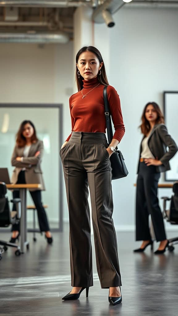 A woman wearing a sleek turtleneck and high-waisted wide-leg pants in an office setting.