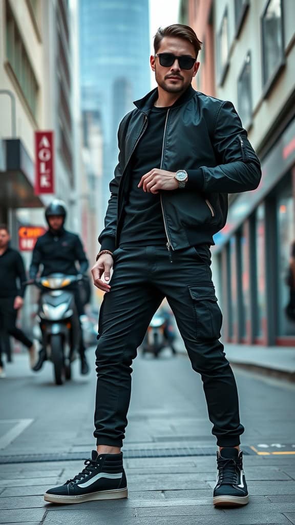 A man wearing a black bomber jacket, cargo pants, and high-top sneakers in an urban setting.