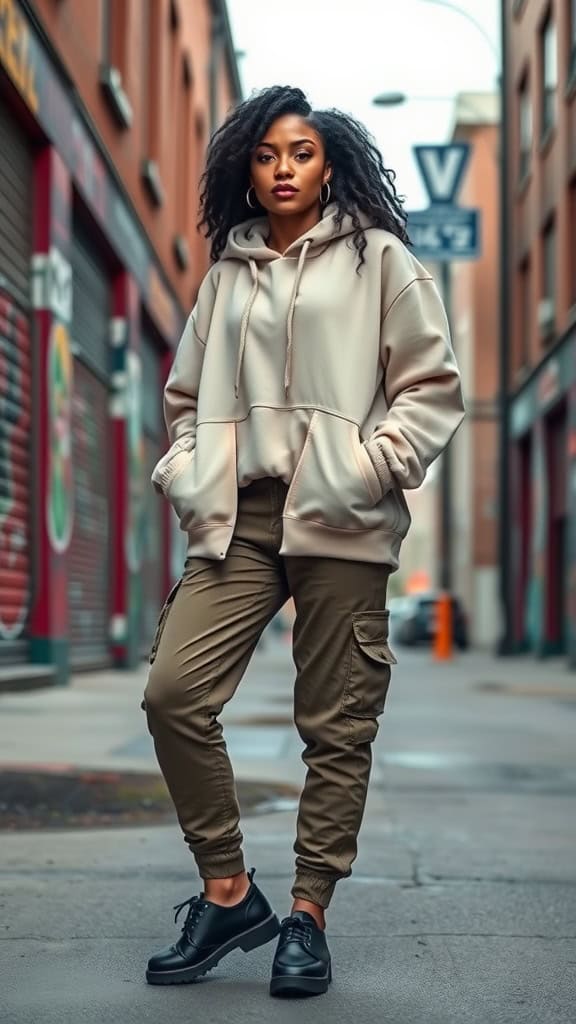 A Black woman in an oversized beige hoodie and olive cargo pants standing confidently in an urban alleyway.