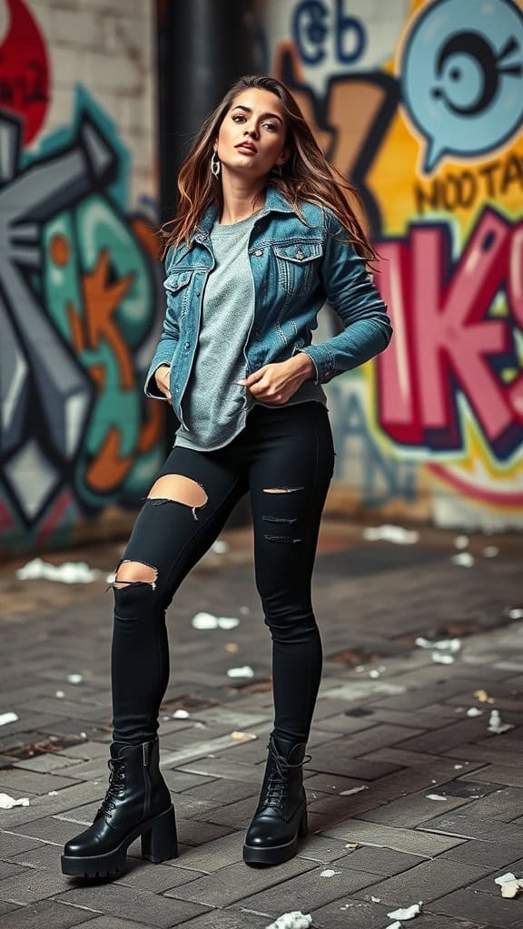 A woman wearing ripped black leggings, a denim jacket, and chunky black boots poses against a colorful graffiti background.