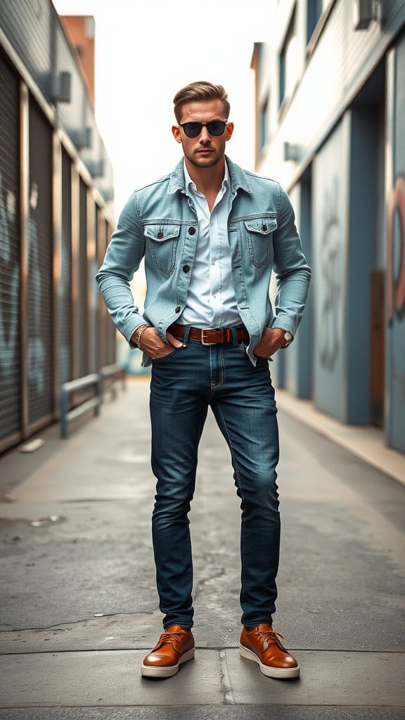 A man wearing a light denim jacket over a white shirt, paired with dark jeans and stylish sunglasses, standing in an urban setting.