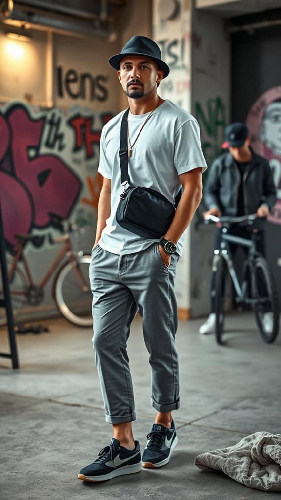 A man wearing a white tee, cropped chinos, black trainers, and a crossbody bag, standing in an urban setting with graffiti in the background.