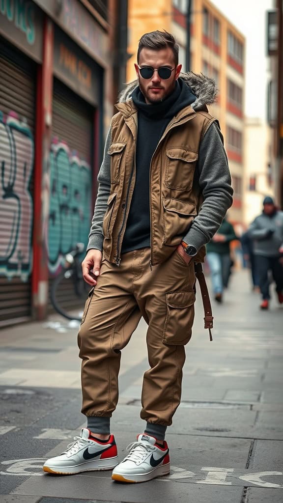 A man wearing an earth-tone baggy outfit with oversized joggers, a utility vest, and sunglasses, standing in an urban setting.