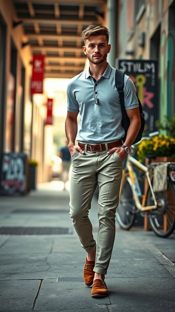 A stylish man walking in an urban setting wearing a light blue polo shirt, slim-fit chinos, and suede loafers.