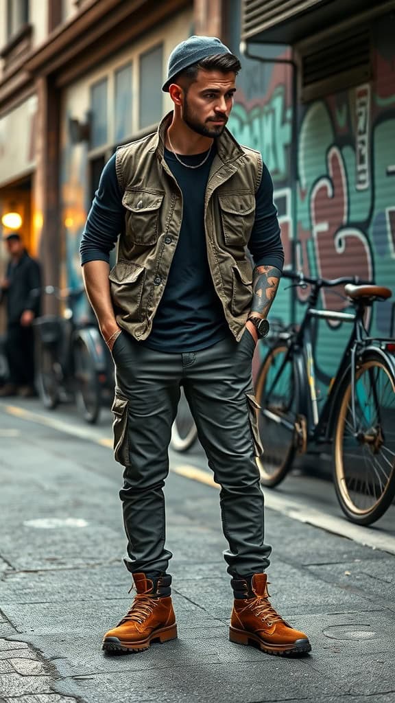 A man in a cargo vest, relaxed-fit pants, and hiking boots stands on a city street with graffiti in the background.