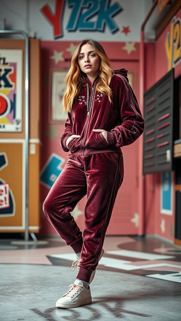 A young woman wearing a burgundy velour tracksuit with rhinestone details, standing in a colorful Y2K themed setting.