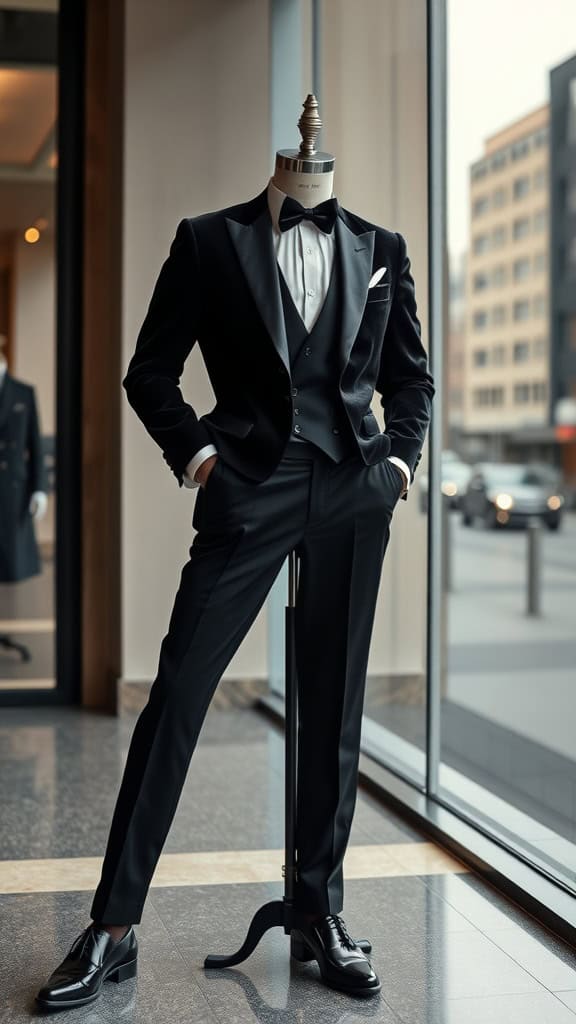 Black velvet dinner jacket with matching trousers and a silk bowtie displayed on a mannequin.