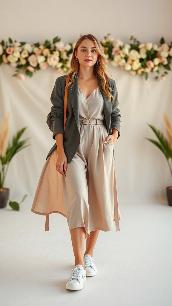 A woman in a stylish light-colored dress and blazer, paired with white sneakers, set against a floral backdrop.