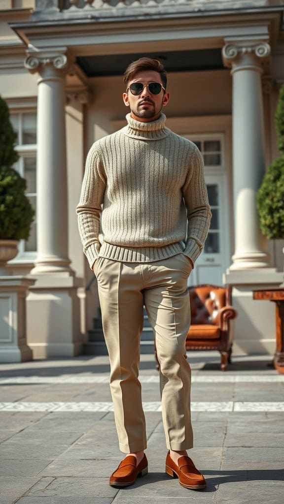 A man wearing a beige knit sweater, pleated trousers, and suede loafers, standing confidently outdoors.