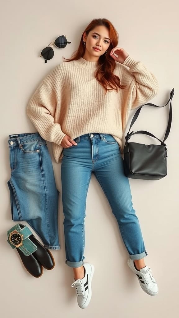 Casual stylish outfit featuring an oversized cream sweater, high-waisted jeans, black shoes, and a black shoulder bag.