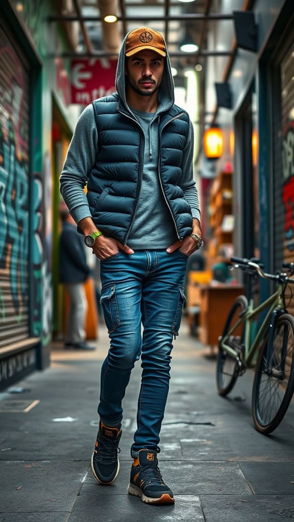 A stylish man wearing a hoodie, puffer vest, slim jeans, and trail sneakers in an urban environment.