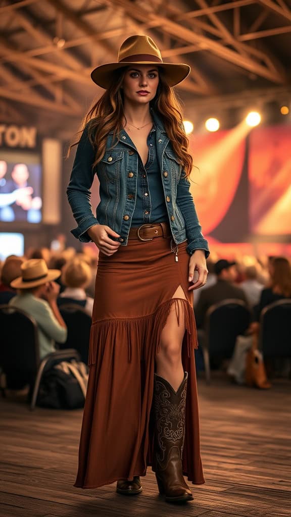 A model wearing a denim western jacket and a brown maxi skirt with cowboy boots at a country concert.