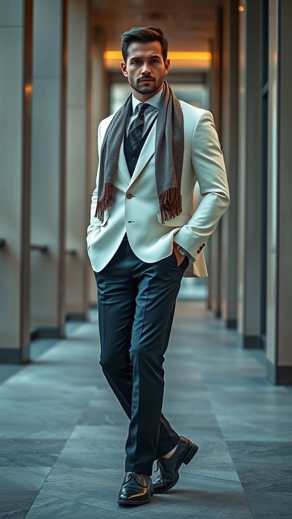 A man wearing an ivory dinner jacket, black trousers, and a silk scarf, standing confidently in a stylish hallway.