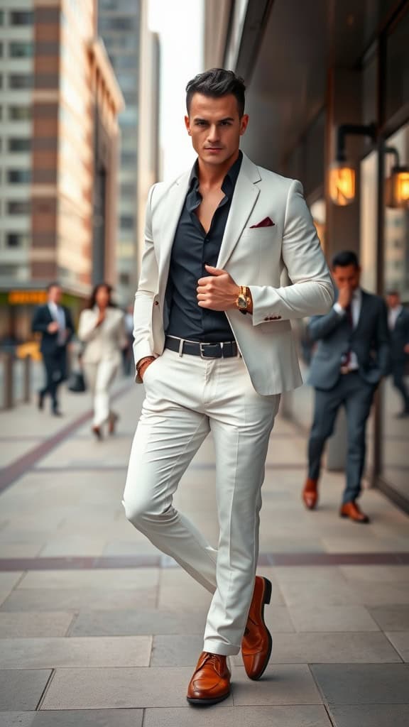 A man in a crisp white suit with a black shirt and gold accessories, standing confidently outdoors.