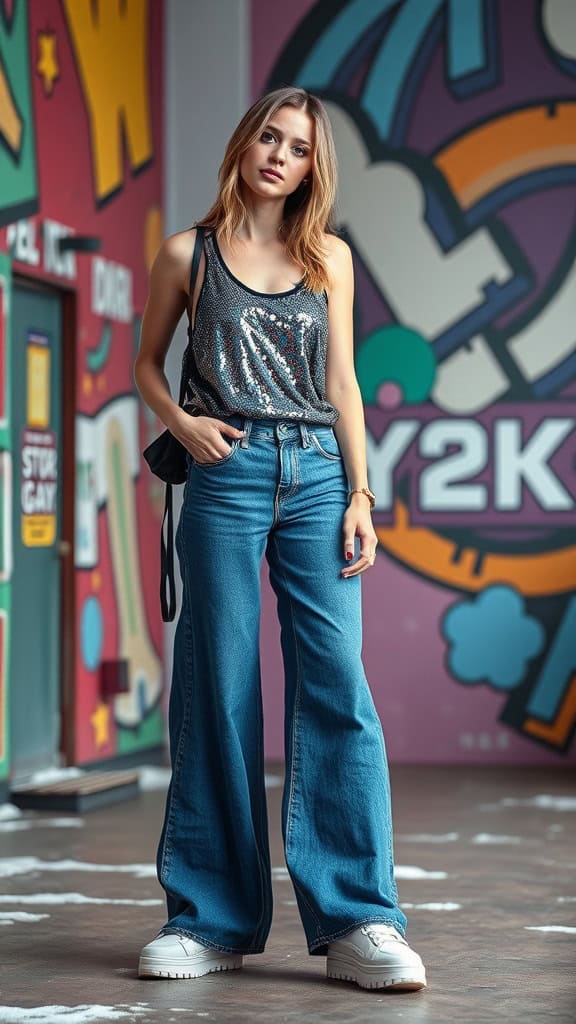 Model wearing wide-leg jeans with a sequined tank top and platform sneakers against a colorful urban backdrop.