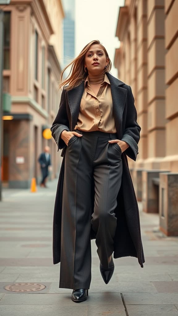 A woman wearing wide-leg pants and a silk blouse walking confidently down a city street