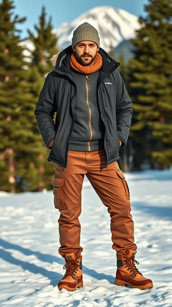 A man dressed in a brown waterproof jacket, a cozy sweater, cargo pants, and insulated boots, standing in a snowy outdoor setting.