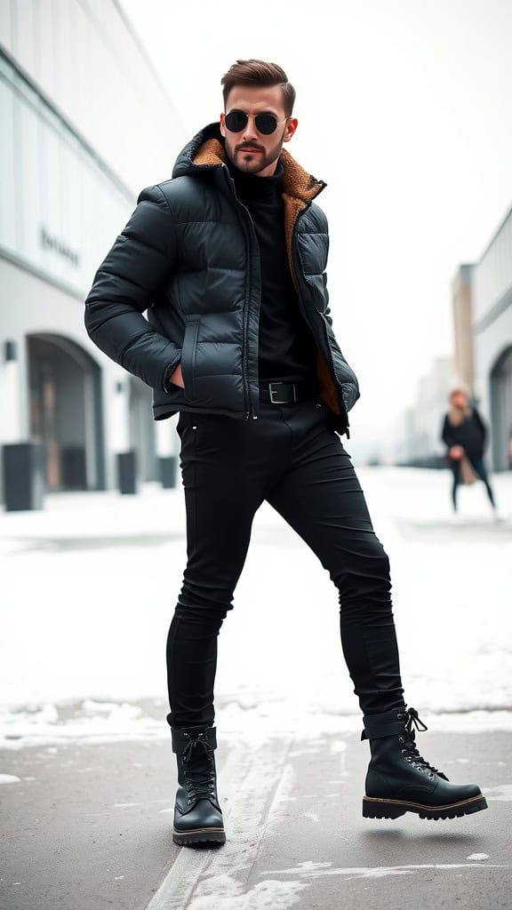 Man wearing a black puffer jacket with slim trousers and combat boots in a winter city setting.