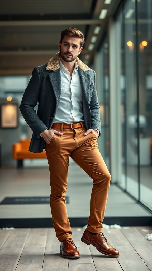 A man wearing a knit blazer with a white Oxford shirt, slim-fit chinos, and brogue shoes, posing in a modern indoor setting.