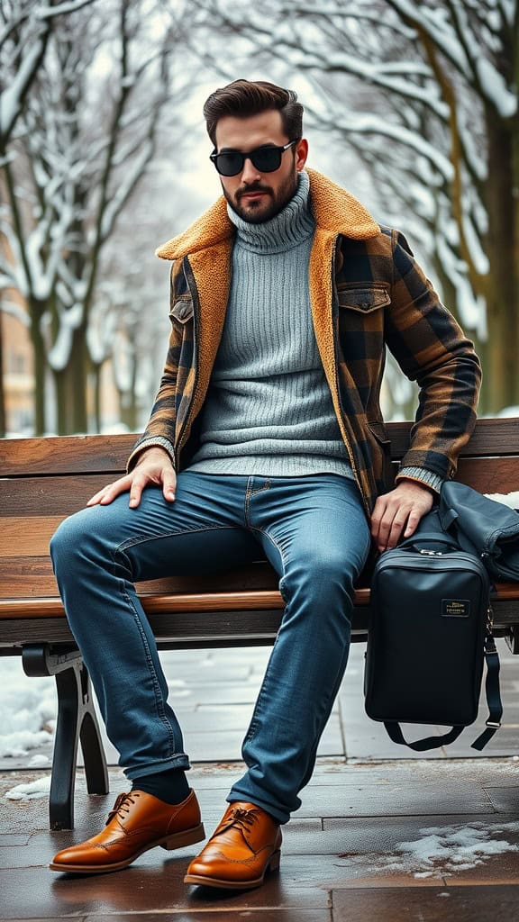 A man sitting on a bench in winter attire: a flannel-lined jacket, a thermal sweater, and straight-leg jeans, showcasing a stylish yet cozy winter look.