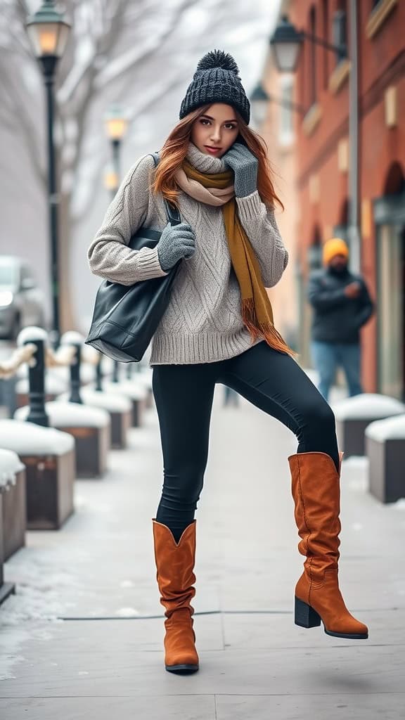 Woman in winter outfit featuring fleece-lined leggings, turtleneck sweater, knee-high boots, and a winter hat, posing outdoors in a snowy setting.