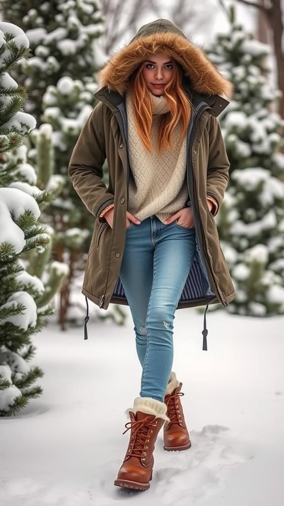 A woman in a winter parka with a furry hood, wearing snow boots, standing in a snowy landscape surrounded by evergreen trees.