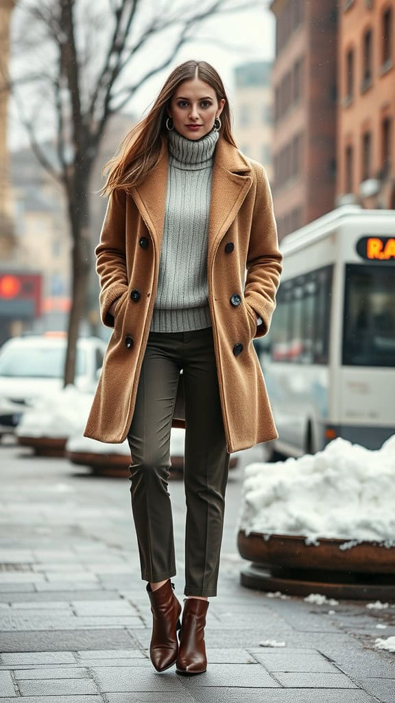 A woman in a wool peacoat and turtleneck sweater, standing in a snowy urban setting.