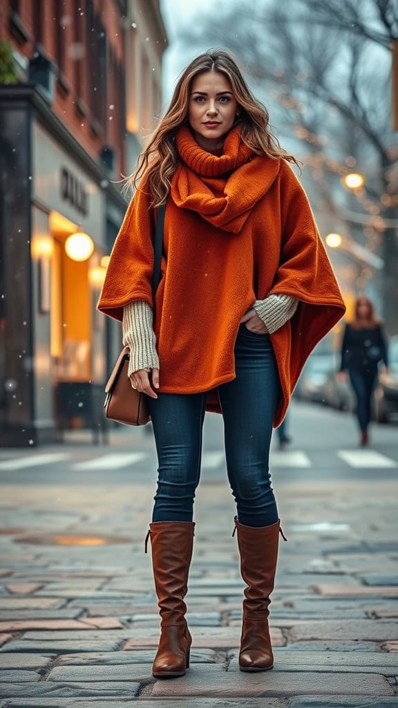 A woman wearing a vibrant orange wool poncho with a turtleneck, dark jeans, and brown ankle boots, standing on a city street in winter.