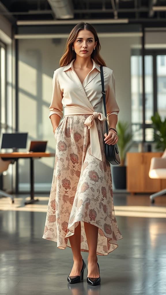 A woman wearing a stylish wrap top and flowy midi skirt in an office setting.